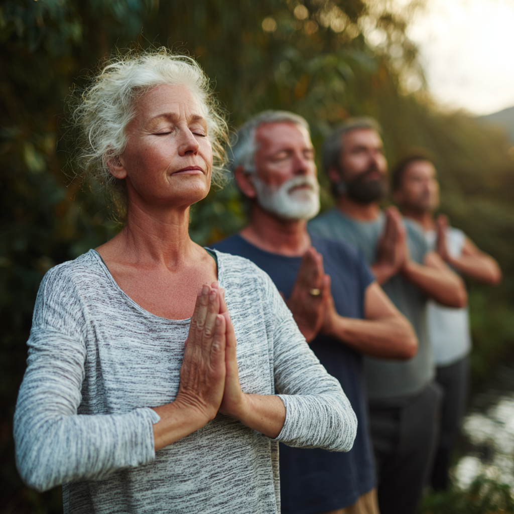 Group of middle-aged adults practicing yoga in serene natural environment